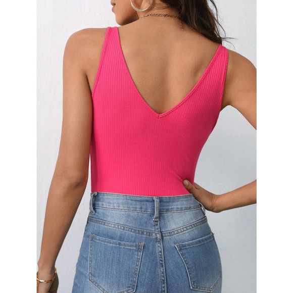 Solid Ribbed Knit Tank Top double v neck minimalist black - Picture 7 of 11